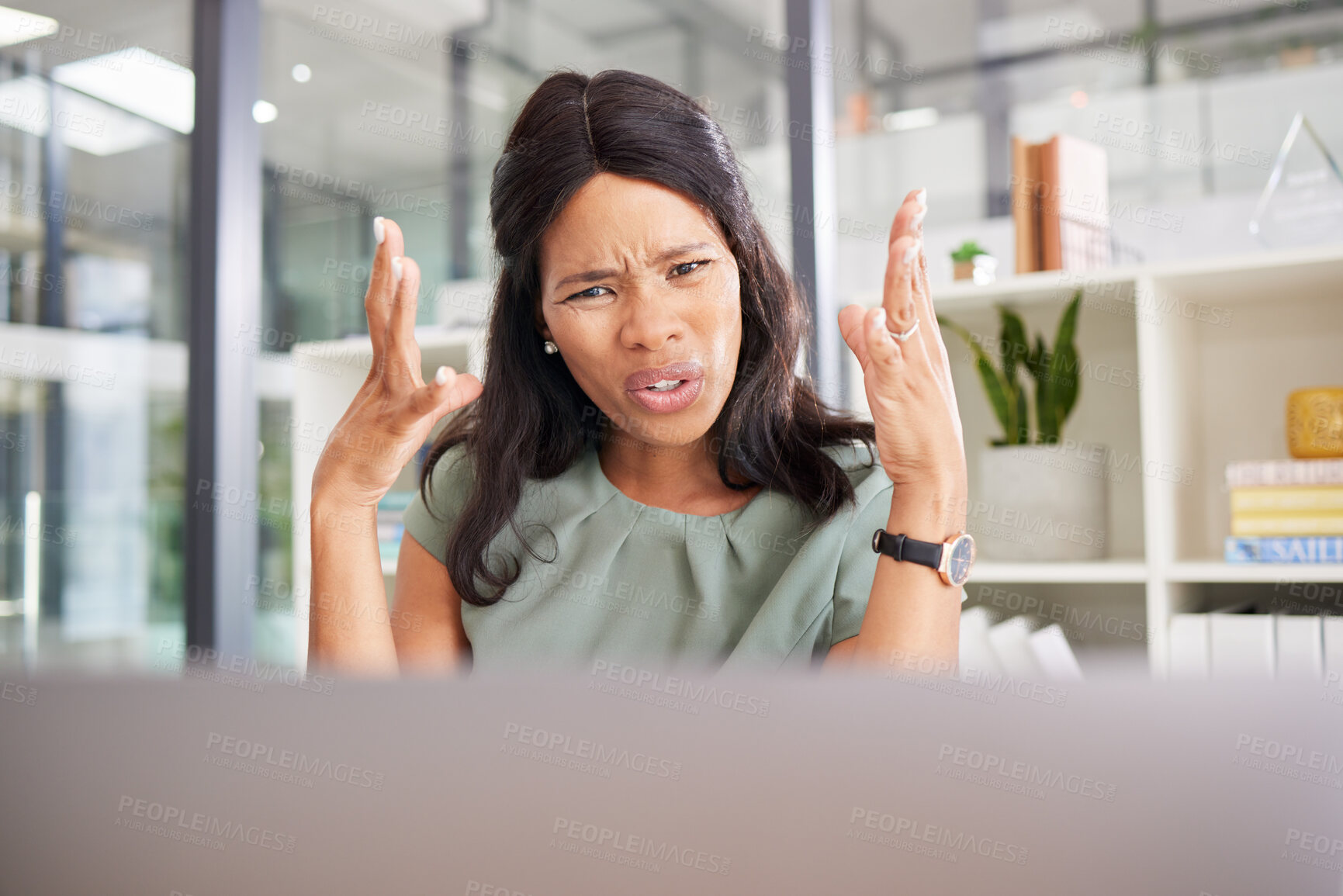 Buy stock photo Black woman, angry and laptop glitch in office for company stress, anxiety and frustrated for 404 tech error. African woman, stressed manager and financial report problem or mad working on computer