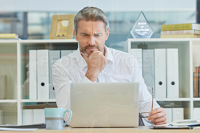 Buy stock photo Businessman, laptop and thinking and confused in office for 404 error, internet glitch or financial report concern. Technology problem, reading website or corporate man research vision on tech 