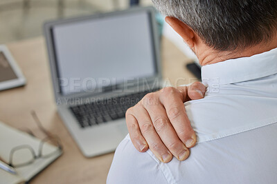 Buy stock photo Shoulder pain, businessman at laptop in office with stress, anxiety and heart attack risk. Ceo, fatigue and cardiovascular problem of person working at corporate desk with burnout back view.