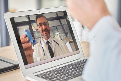 Buy stock photo Asthma, laptop and doctor consulting in video call for telehealth service, advisory and virtual help or support. Screen, cardiology zoom call and healthcare man with breathe product or medicine talk