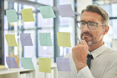 Buy stock photo Business, man and thinking with sticky note for planning innovative corporate ideas with vision. Plan, idea and businessman brainstorming a company strategy using post it for schedule or calendar