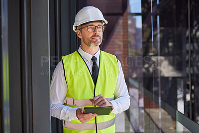 Buy stock photo Construction, digital tablet and man with vision, thinking and planning at construction site. Construction worker, future and online app for creative, design and idea for engineering or architecture 
