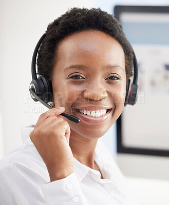 Buy stock photo Black woman, call center and portrait smile with headset for telemarketing, customer service or support at the office. Happy African American female face consultant, agent or employee representative