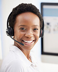 Portrait, happy or call center black woman for telemarketing success, customer support or contact us. Sales advisor, CRM smile or consultant employee girl for motivation, happiness or consulting deal