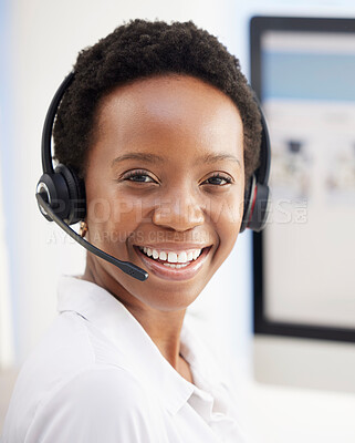 Buy stock photo Portrait, happy or call center black woman for telemarketing success, customer support or contact us. Sales advisor, CRM smile or consultant employee girl for motivation, happiness or consulting deal