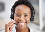 Portrait, black woman and call center for customer service, talking or consulting for telemarketing. African American female, lady and agent smile with headset, speaking or consultant help or support