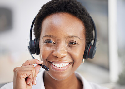 Buy stock photo Portrait, black woman and call center for customer service, talking or consulting for telemarketing. African American female, lady and agent smile with headset, speaking or consultant help or support