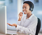 Black woman, customer support staff and call center employee working at desk of an online telemarketing business. Crm consultant, talking online and consulting client for a computer or software issue