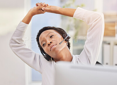 Buy stock photo Black woman, call center and stretching in office at desk to prepare for telemarketing, sales and customer service. Receptionist, arms raised and stretch body to start consulting for customer support