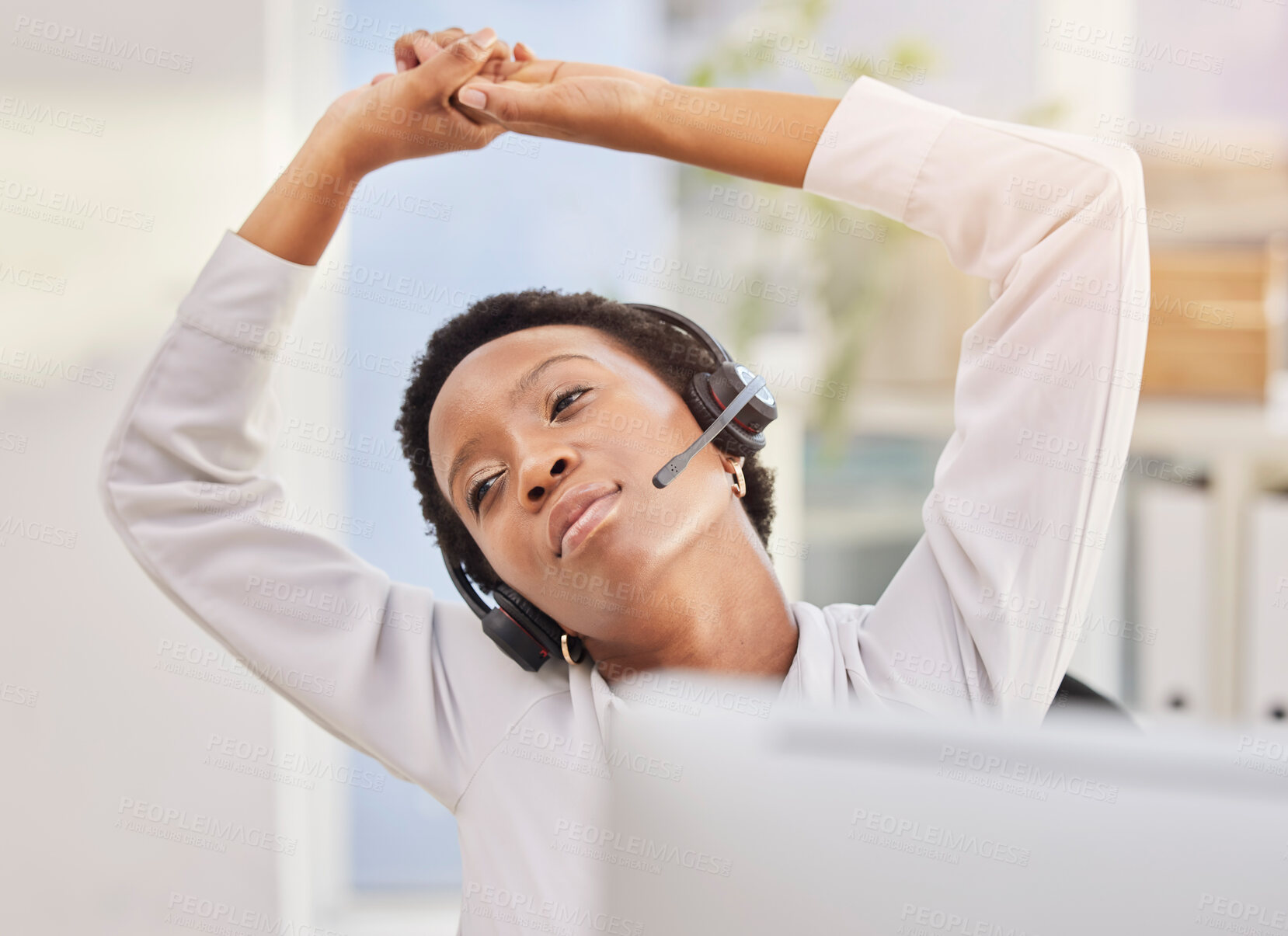 Buy stock photo Black woman, call center and stretching in office at desk to prepare for telemarketing, sales and customer service. Receptionist, arms raised and stretch body to start consulting for customer support