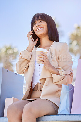Buy stock photo Phone call, coffee and black woman outdoor with shopping bag, conversation and sale. Female, girl and customer with expensive clothes, boutique items and tea in city, talking and relax with discount.