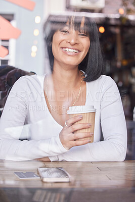Buy stock photo City, cafe window and portrait of woman with coffee and smile looking at street while drinking coffee. Relax, reflection in glass and happy woman customer in coffee shop with phone and credit card.

