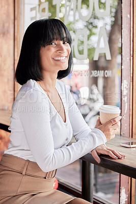 Buy stock photo Happy customer, black woman and relax in coffee shop, restaurant or bistro for lunch, latte and easy lifestyle. Portrait, cafe and female enjoy drink, cappuccino and coffee break alone with happiness