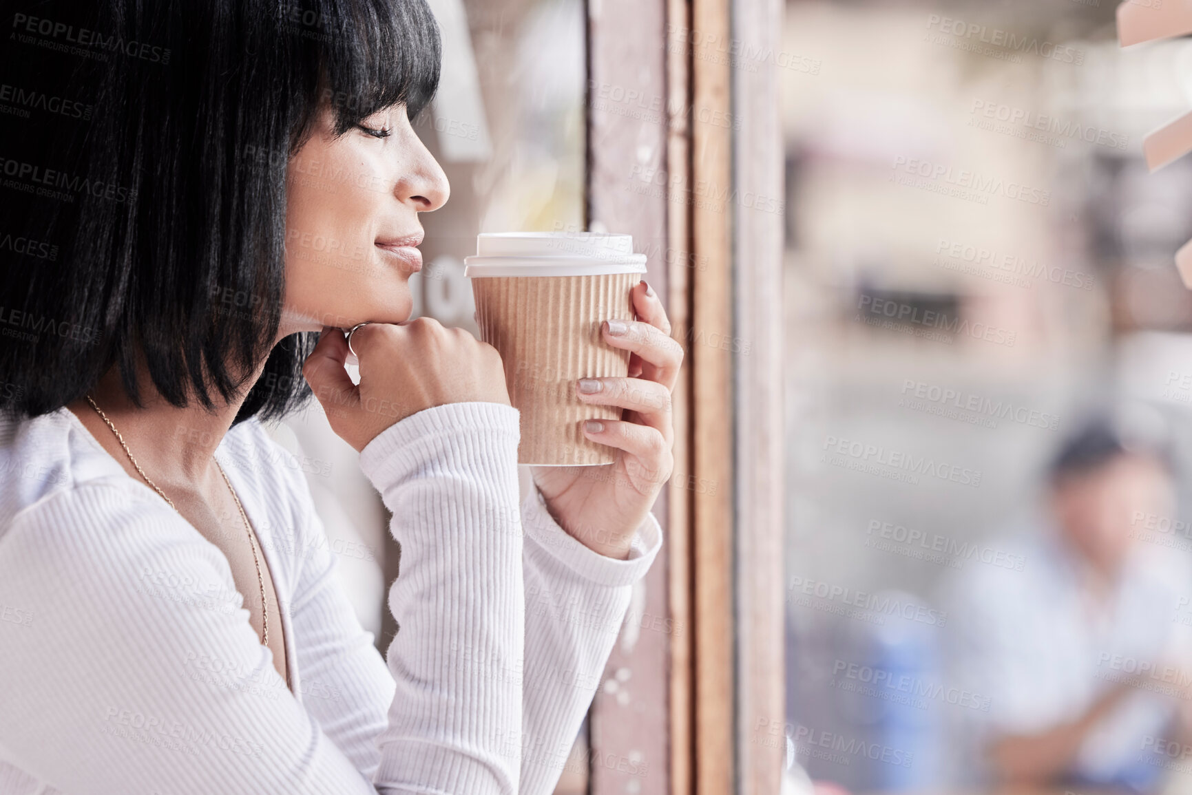 Buy stock photo Relax, coffee shop and black woman smell coffee in morning for satisfaction, calm and peace on break. Wellness, lifestyle and happy woman enjoy aroma or scent of tea, latte or beverage by cafe window