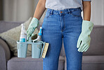 Cleaning, product or zoom, woman hands with basket for home maintenance, hygiene or living room spring cleaning. Container, hygiene or maid with brush, liquid spray bottle or clean supplies in hand
