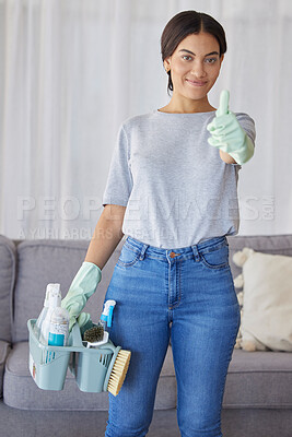 Buy stock photo Cleaner, thumbs up and portrait of a woman with supplies to clean the living room of a house. Happy, smile and female maid or housewife with a positive mindset for cleaning an apartment, loft or home