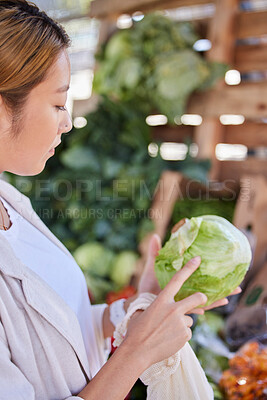 Buy stock photo Grocery store, lettuce and Asian woman shopping and looking at vegetable quality and sale. Customer holding and checking vegetables price on salad promotion in a health food shop or supermarket