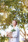 Grocery bag, vegetable shopping and woman from Korea portrait with mockup and market food. Health, green vegetables and Korean person with eco friendly, natural and diet nutrition grocery shopping