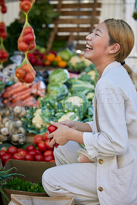Buy stock photo Customer, grocery shopping and vegetables with woman in market, discount and sale with happy consumer. Store, shopping and save with food, fresh and organic with health nutrition and retail product.