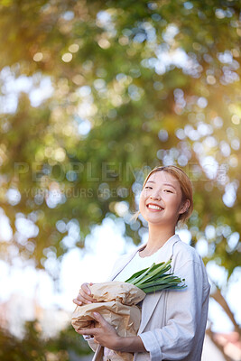 Buy stock photo Shopping, vegetables and grocery mockup of customer with eco friendly bag, market sales product or commerce store deal. Tree mock up, vegan nutritionist portrait or Asian girl with retail health food