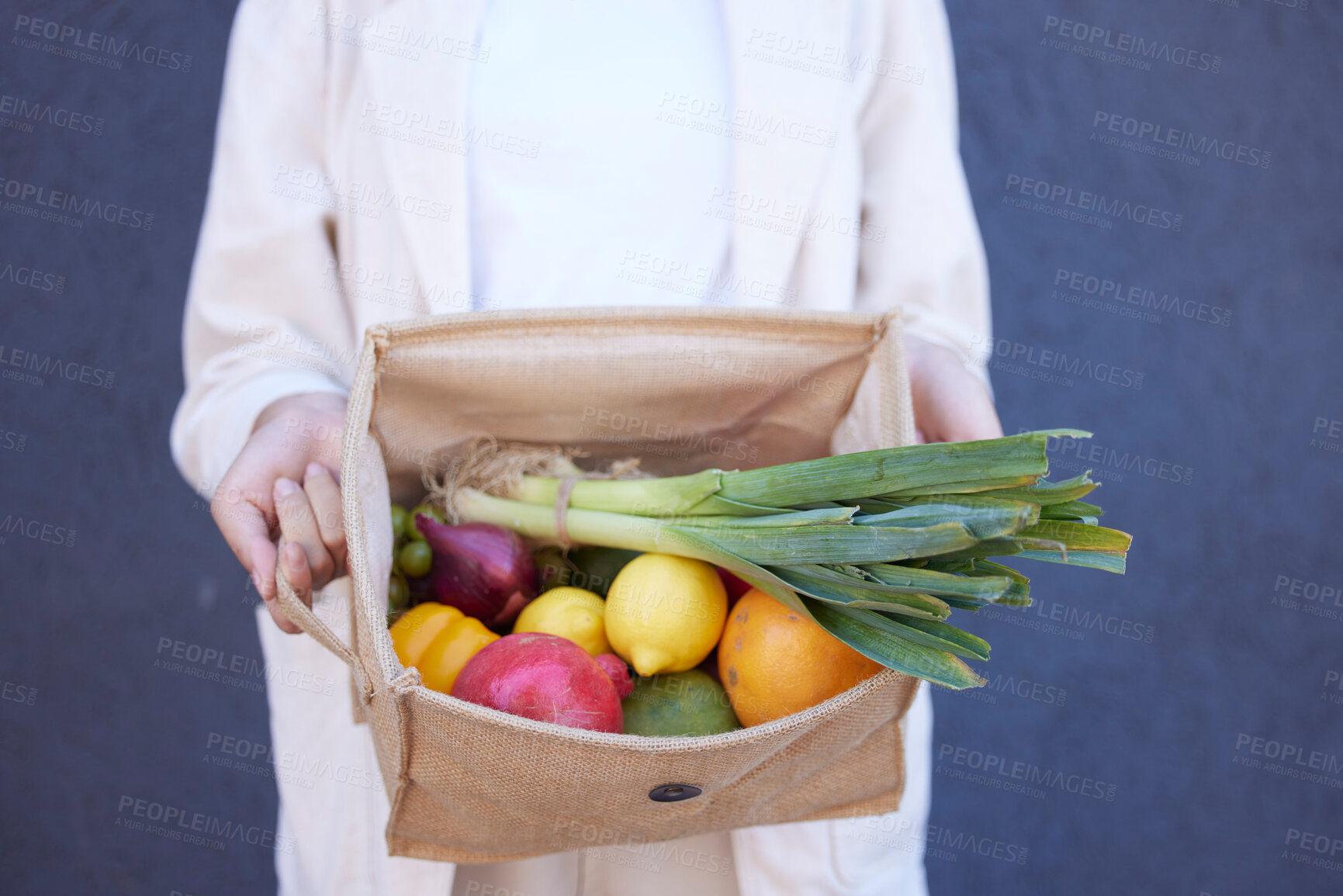 Buy stock photo Food, grocery and vegetables with hands of woman and bag for shopping, health and fruits from farmers market. Retail, sale and sustainability with girl customer and products for nutrition or diet