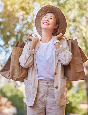 Buy stock photo Grocery shopping, happy and woman in the city for groceries, thinking of sale and food discount in Singapore. Retail smile, shopping bag and Asian person with an idea for products from a supermarket