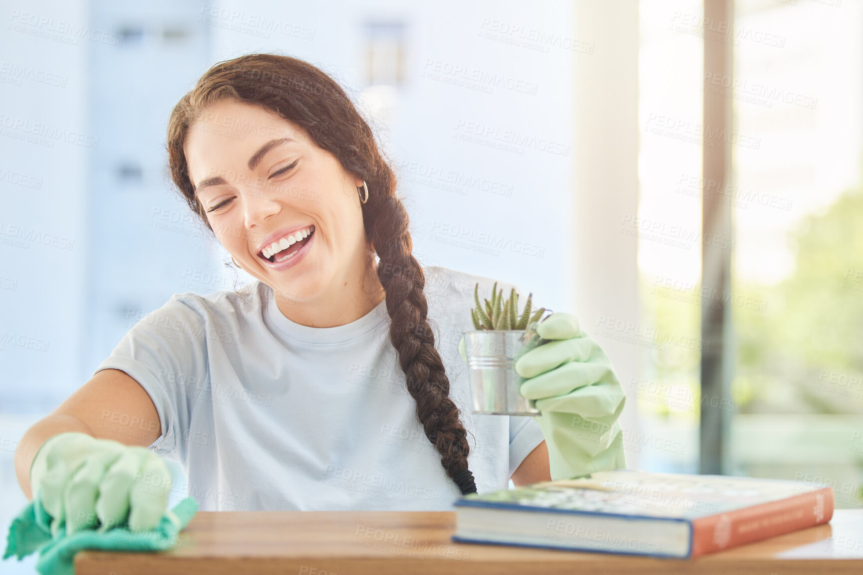 Buy stock photo Cleaning, fabric and smile with woman and desk at home for housekeeping, hygiene and disinfection. Dirt, dust and bacteria with girl cleaner wiping with cloth for sanitary, domestic and washing