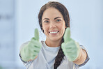 Thumbs up, woman and happy for success of cleaning service, motivation and like emoji in Russia. Portrait, smile and cleaner with thumb up hands for good housekeeping, satisfaction review and trust 