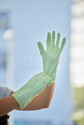 Buy stock photo Woman, hands and gloves for cleaning home, hygiene and wellness. Spring cleaning, housekeeper or female cleaner getting ready for cleaning service to disinfect house to remove bacteria, germs or dust