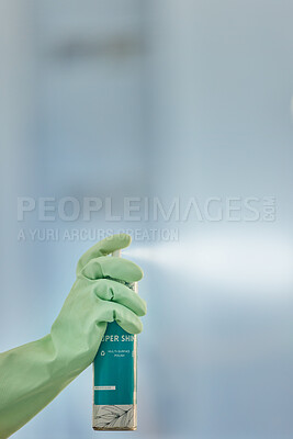 Buy stock photo Cleaning spray, bottle and hands with mockup for multi surface polish, chemical detergent and product. Closeup cleaner, gloves and spraying container for shine, disinfection and household maintenance