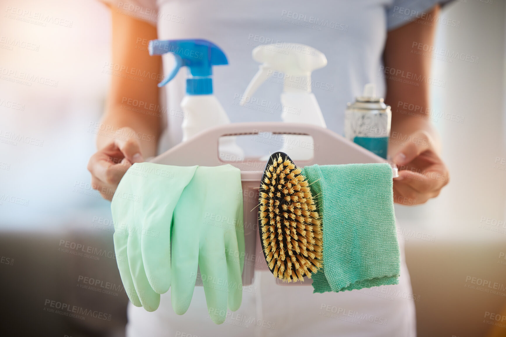 Buy stock photo Woman, hands or cleaning container with spray bottle, rubber gloves or fabric for hygiene maintenance, virus security or compliance. Zoom, maid or cleaner service worker with product for housekeeping