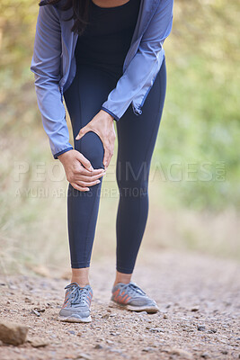Buy stock photo Woman, legs and runner knee pain outdoor for fitness exercise, cardio workout accident or training in nature park. Joint pain, leg wellness emergency or athlete person with running injury in forest