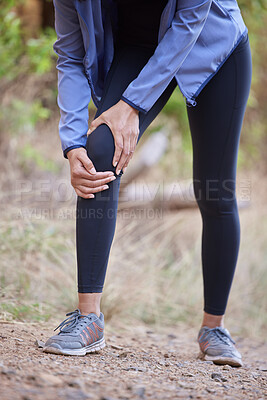 Buy stock photo Fitness, knee pain and hands massage of woman in forest hiking, workout or running accident and body zoom for health insurance. Legs injury, joint pain or arthritis of athlete, runner in medical risk