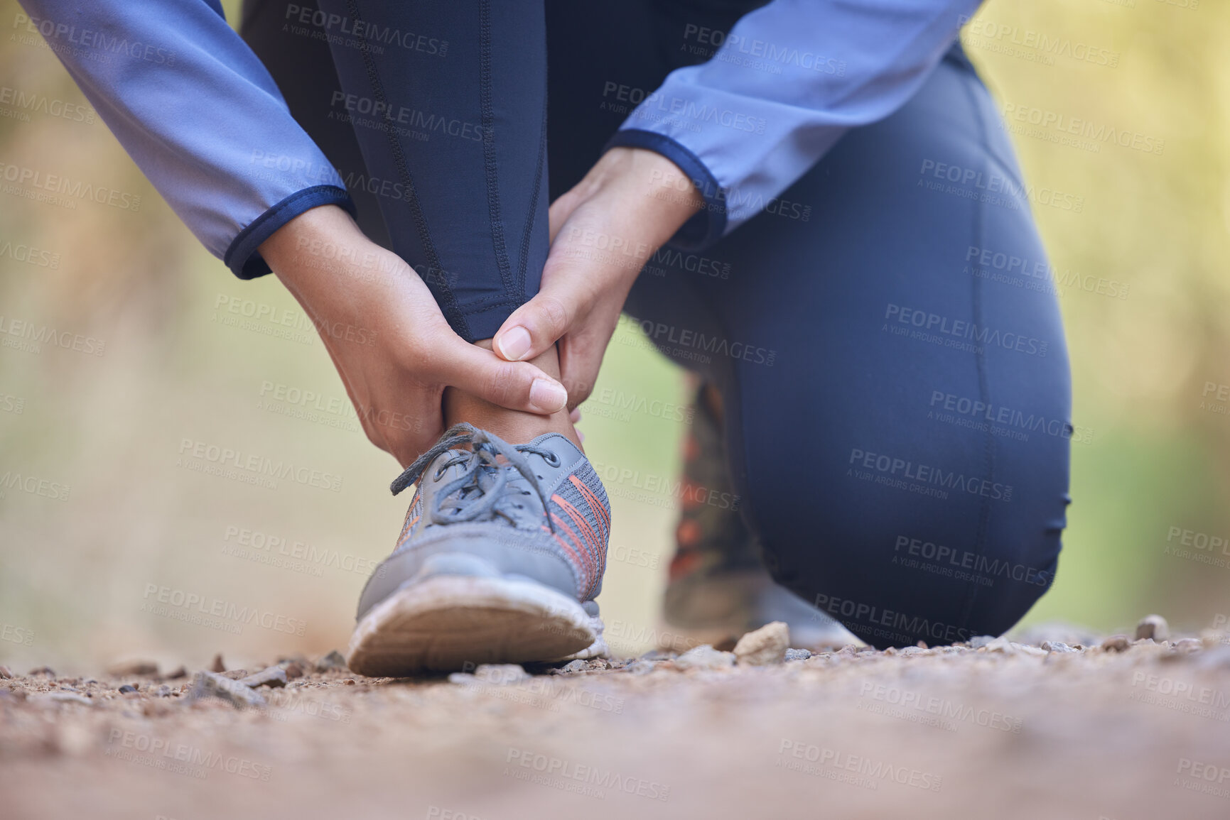 Buy stock photo Running, ankle pain and injury with shoes of black woman on nature trail for training, jogging and endurance. Sprain, accident and broken with girl runner on path for workout, exercise and sports