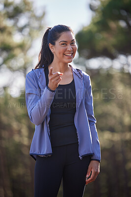 Buy stock photo Fitness, park and portrait of woman pointing for motivation in exercise, running and marathon training in nature. Sports, relax and female athlete in forest for wellness, healthy lifestyle and cardio