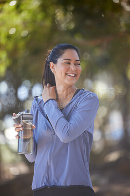 Buy stock photo Forest, water bottle and woman with fitness, nutrition and healthy goals for outdoor wellness, body diet and hiking lifestyle. Sports, athlete and happy woman drinking water during a workout in woods