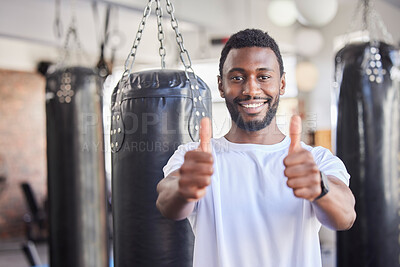 Buy stock photo Black man, thumbs up and fitness, wellness and exercise health lifestyle with positive mindset in gym. Motivation, success and portrait for happy training workout, sports athlete and healthy goal