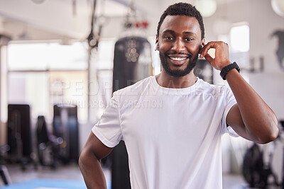 Buy stock photo Portrait of black man, personal trainer  at gym and workout athlete ready for fitness exercise, healthy body and a wellness training. Face of strength, muscle development and a physical health coach 