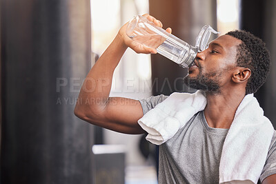 Buy stock photo Fitness, drinking water and relax with black man in gym for training, endurance and workout. Energy, focus and sweat with athlete bodybuilder cooling down in club for sports, exercise and cardio