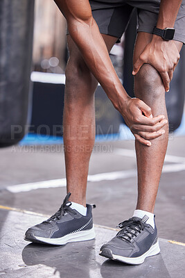 Buy stock photo Black man, hands and knee pain in gym workout, training or workout in muscle burnout, anatomy tension or healthcare crisis. Zoom, sports athlete and personal trainer and leg injury or fitness stress