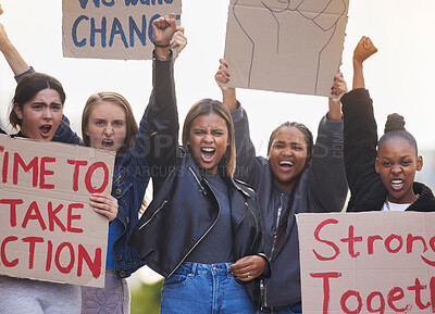 Buy stock photo Protest, poster and angry diversity women rally for equality, human rights support or racism. Students cardboard banner, justice crowd portrait and community people fight for USA abortion law change