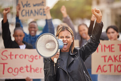 Buy stock photo Protest, megaphone and shouting with woman in support for social justice, change and politics fight. Revolution, government and freedom with girl in crowd for future, human rights and equality   