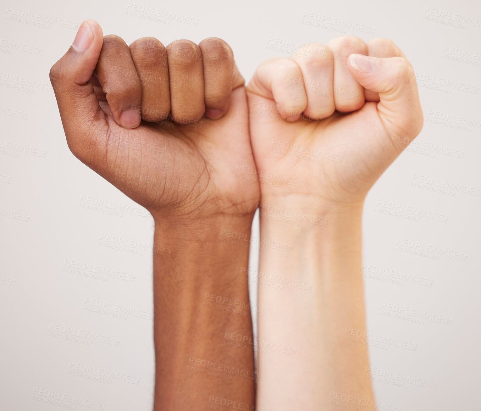 Buy stock photo Justice, support and diversity with fist of people for change, social and equality in global protest. Human rights, freedom and community with hands of protesters for solidarity, revolution and fight