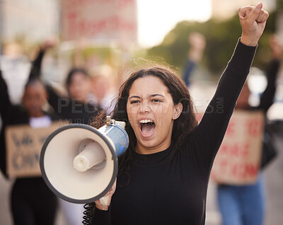 Buy stock photo Megaphone, woman and people for gender equality, human rights or justice with freedom of speech in city street. Vote, protest and Mexico girl in crowd with voice for politics, angry broadcast or news