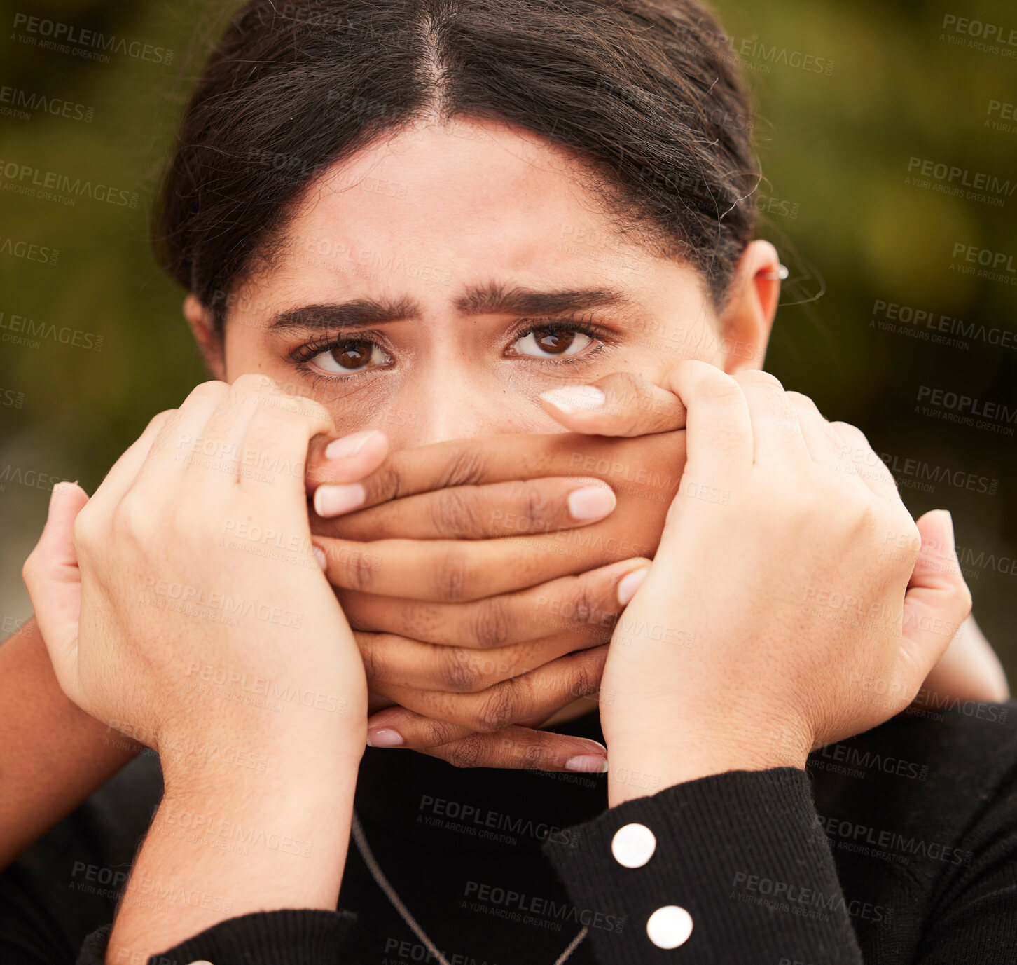 Buy stock photo Woman, portrait and victim silence with hands on face for domestic violence protest campaign. Sad, fear and scared  girl vulnerable with secret of sexual abuse, aggression and harassment.
