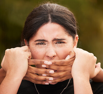 Buy stock photo Woman hands, abuse crime and couple violence, fight and toxic relationship outdoor. Face of a woman with anxiety, pain and problem with a man being abusive with trauma, hands for fear and stress