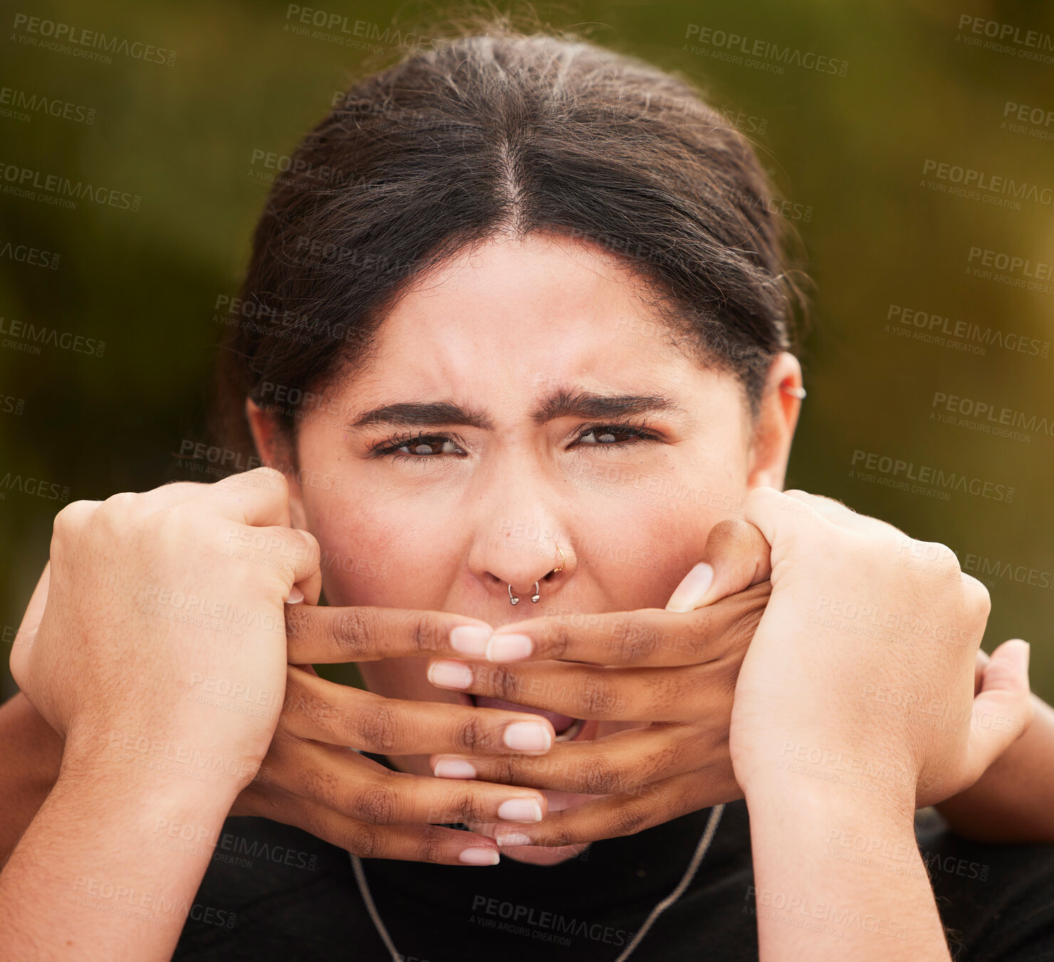 Buy stock photo Woman hands, abuse crime and couple violence, fight and toxic relationship outdoor. Face of a woman with anxiety, pain and problem with a man being abusive with trauma, hands for fear and stress