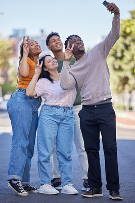 Buy stock photo Friends, selfie with peace, urban and group photography in street, smartphone and travel with youth in Washington DC. Phone, social media content and smile in picture, v hand sign and trip outdoor.