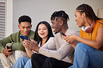 Smartphone, students and diversity with social media scroll, networking on mobile app and communication for university website. Group of people or friends relax outdoor using phone or cellphone chat