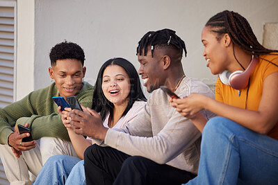Buy stock photo Smartphone, students and diversity with social media scroll, networking on mobile app and communication for university website. Group of people or friends relax outdoor using phone or cellphone chat